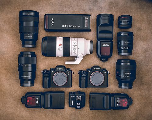 Sony Alpha cameras and flashes flatlay